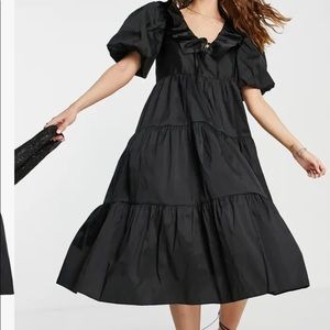 Topshop Short Sleeve Taffeta Black Dress, US 6